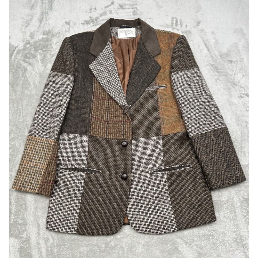 Vintage International Scene Patchwork Blazer Womens 12 Tweed Wool Jacket 90s Y2K